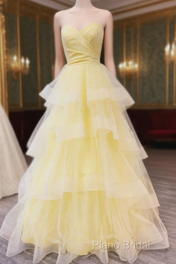 Sweetheart Tulle Yellow Ruffles Long Formal Prom Dresses
