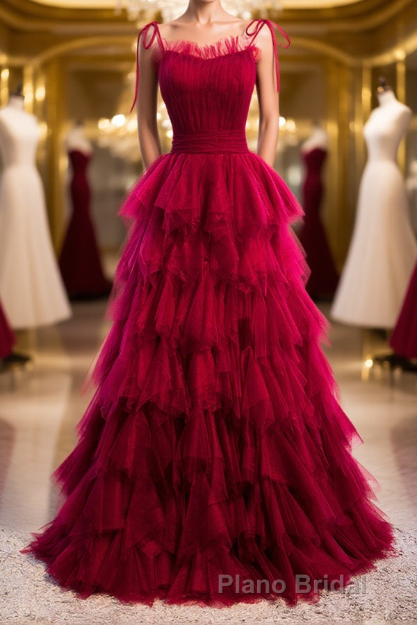 A-Line Long Spaghetti Strap Formal Prom Dresses, Cute Layers Tulle Evening Dresses Main image