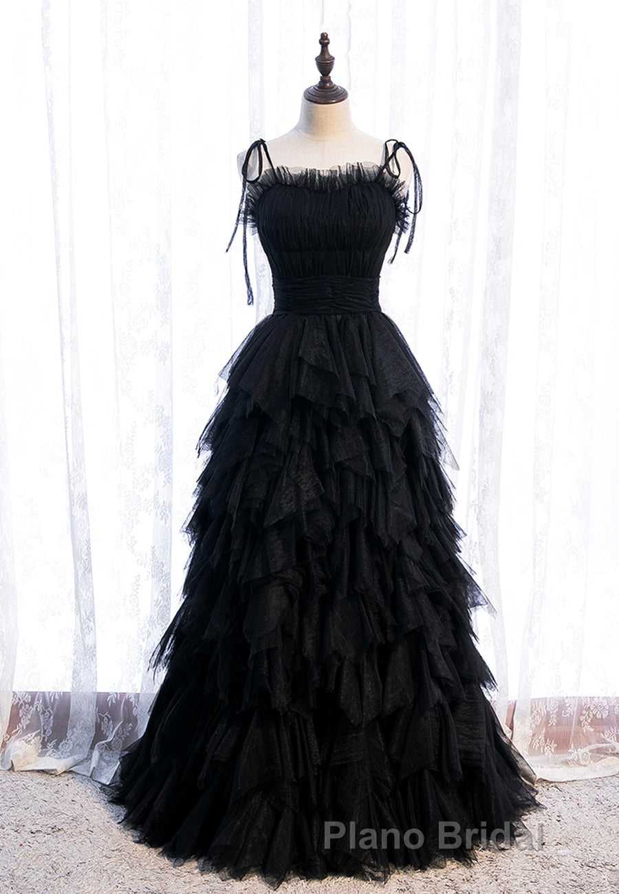 A-Line Long Spaghetti Strap Formal Prom Dresses, Cute Layers Tulle Evening Dresses