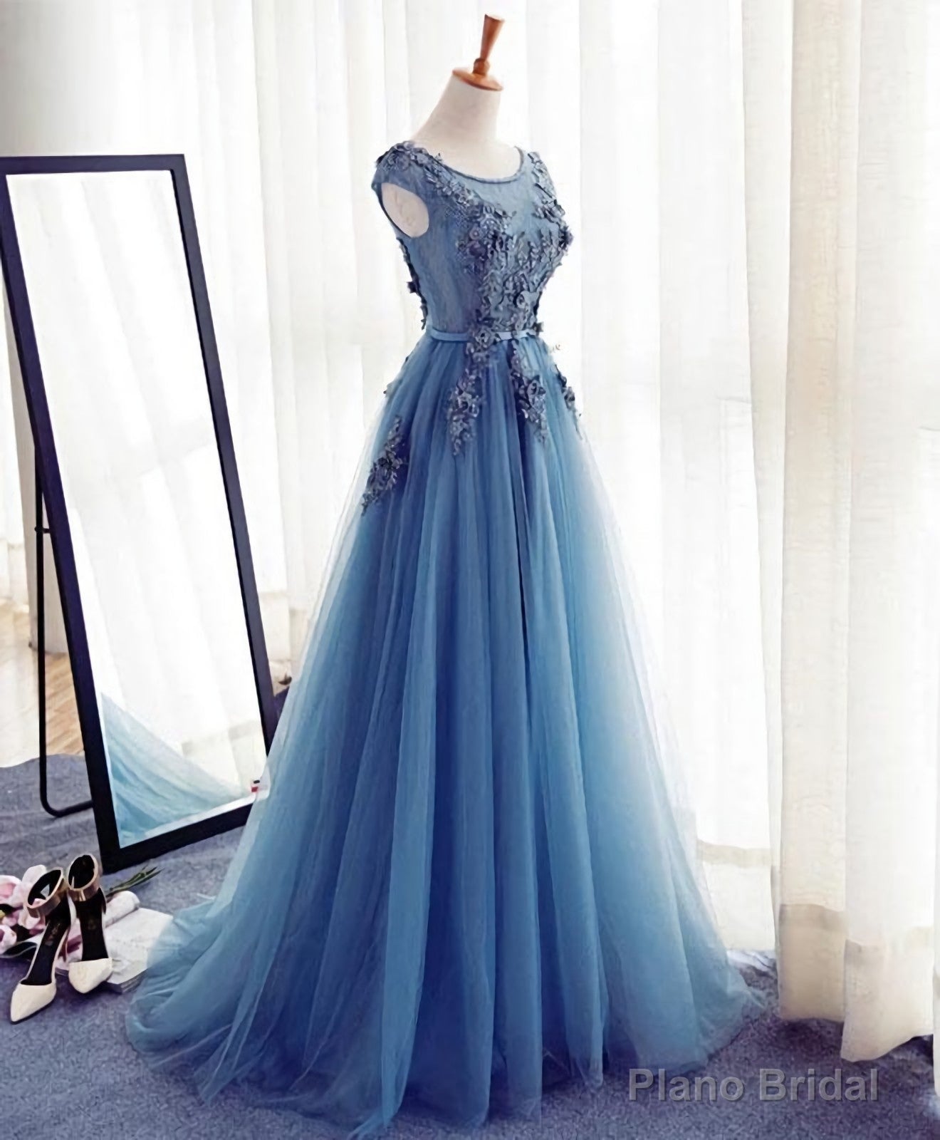 Blue A Line Tulle Lace Long Prom Dress, Evening Dress Main image
