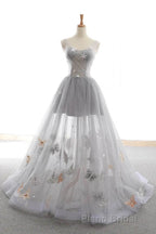 Gray Long Formal Prom Dresses with Butterfly, New Arrival Unique Evening Dresses