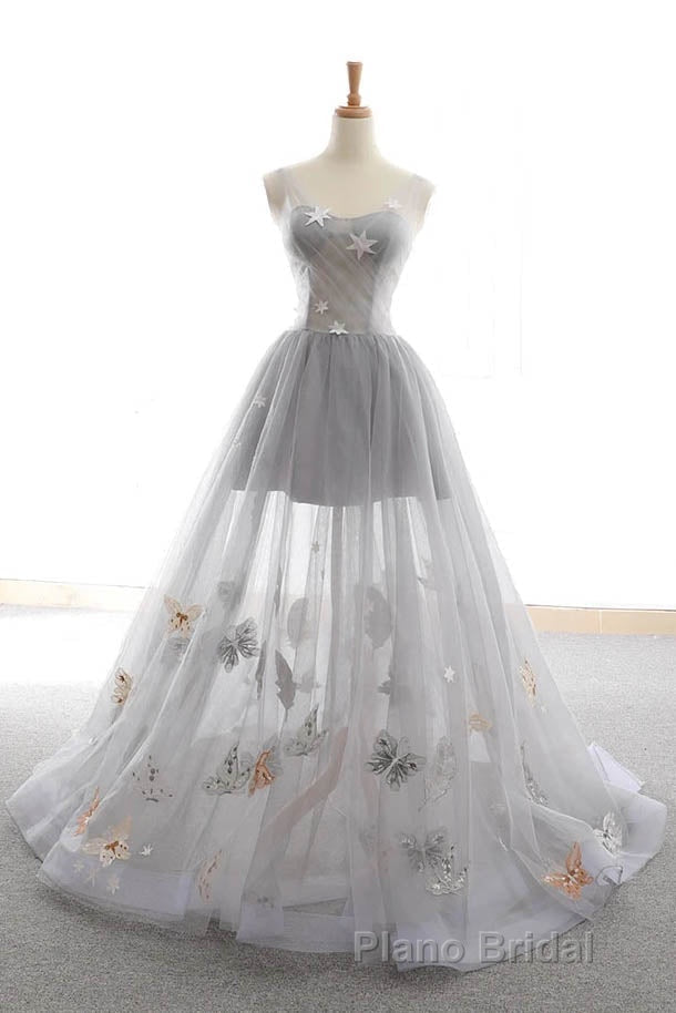 Gray Long Formal Prom Dresses with Butterfly, New Arrival Unique Evening Dresses