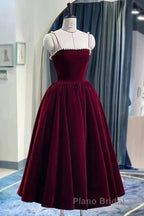 Tea Length Velvet Formal Prom Dresses, Velvet Tea Length Formal Homecoming Dresses