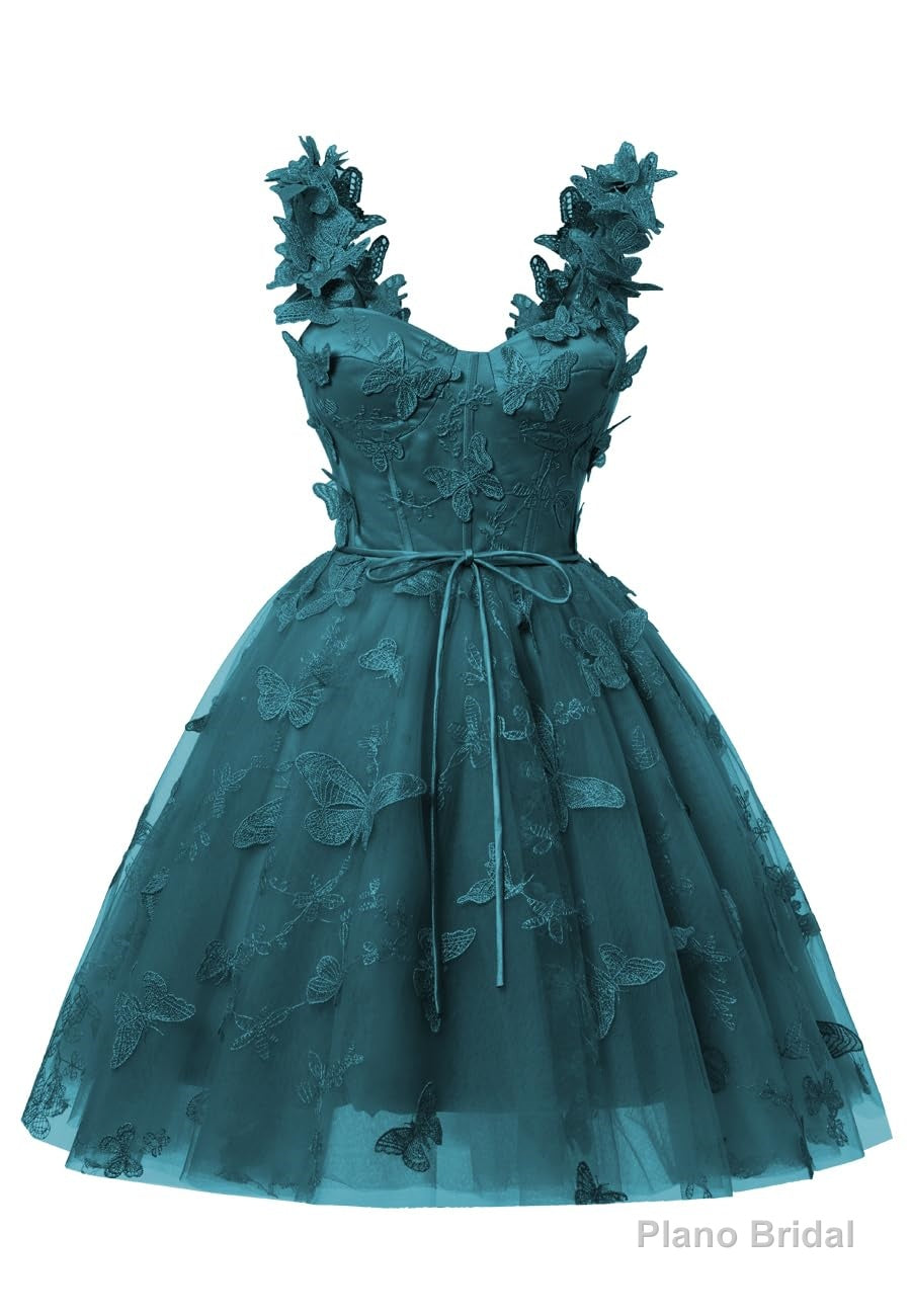 Teal 3D Butterfly Lace Applique Tulle Homecoming Dress for Teens Sweetheart Mini Short Prom Dresses Secondary image