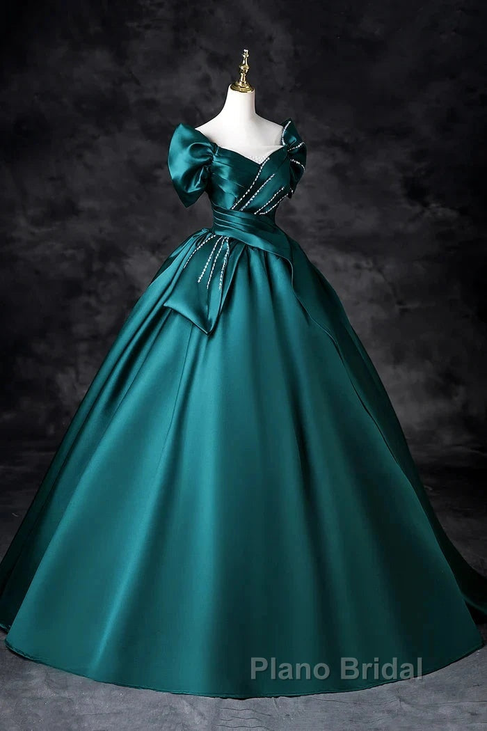 Teal A-Line Off The Shoulder Satin Long Formal Prom Dresses, Elegant Evening Dresses Secondary image