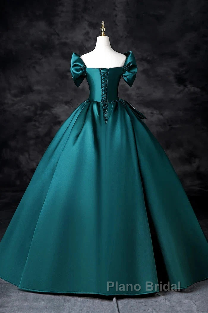 Teal A-Line Off The Shoulder Satin Long Formal Prom Dresses, Elegant Evening Dresses