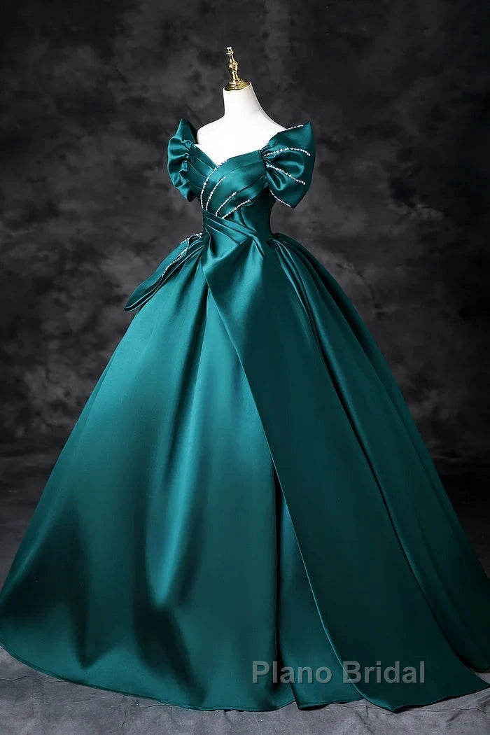 Teal A-Line Off The Shoulder Satin Long Formal Prom Dresses, Elegant Evening Dresses