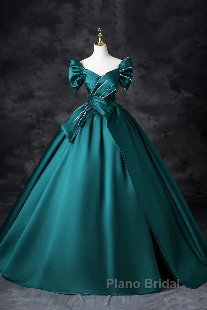 Teal A-Line Off The Shoulder Satin Long Formal Prom Dresses, Elegant Evening Dresses