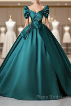 Teal A-Line Off The Shoulder Satin Long Formal Prom Dresses, Elegant Evening Dresses