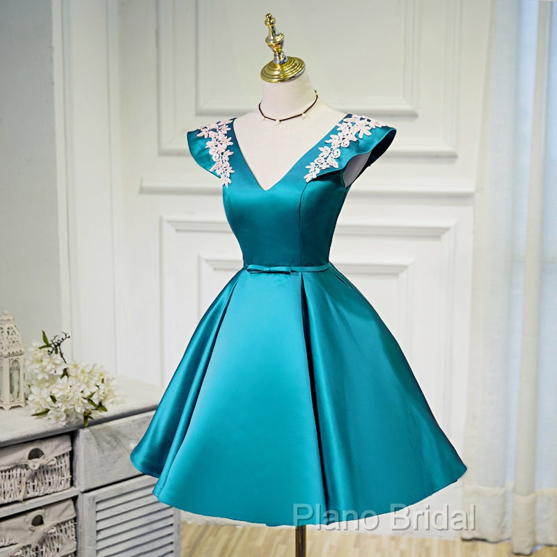 Teal Blue Satin Short Party Dresses With White Lace, Blue Homecoming Dresses Formal Prom Dresses Secondary image