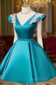 Teal Blue Satin Short Party Dresses With White Lace, Blue Homecoming Dresses Formal Prom Dresses