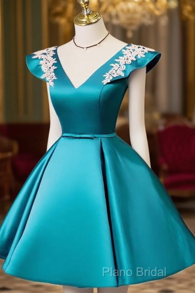 Teal Blue Satin Short Party Dresses With White Lace, Blue Homecoming Dresses Formal Prom Dresses Main image