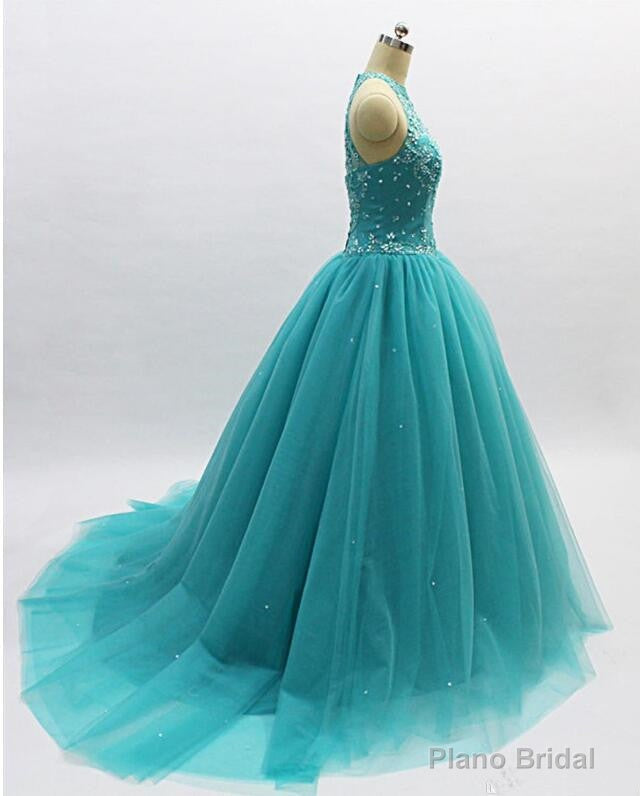 Teal Blue Tulle Beaded Ball Gown High Neckline Sweet 16 Dress, Blue Quinceanera Dresses Secondary image