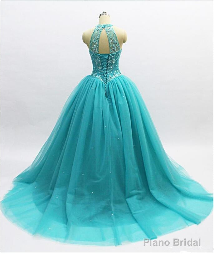 Teal Blue Tulle Beaded Ball Gown High Neckline Sweet 16 Dress, Blue Quinceanera Dresses