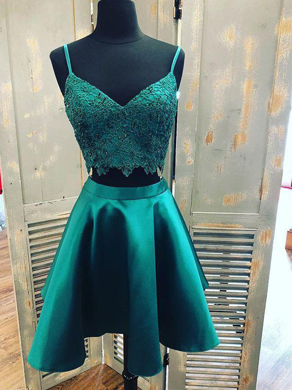 Teal Green Spaghetti Strap Two Piece Lace Satin Homecoming Dresses Main image