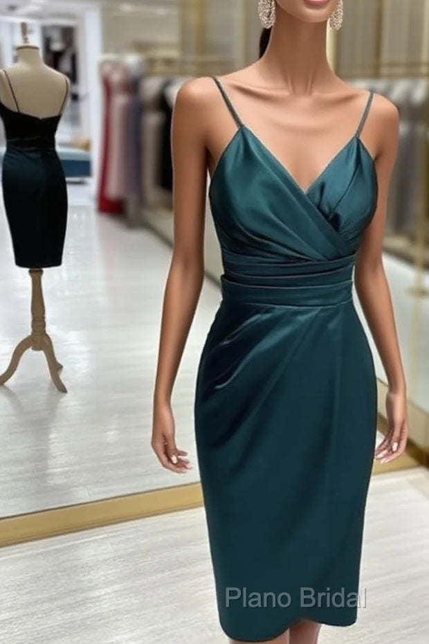 Teal Satin V Neck Sheath Midi Dresses Main image