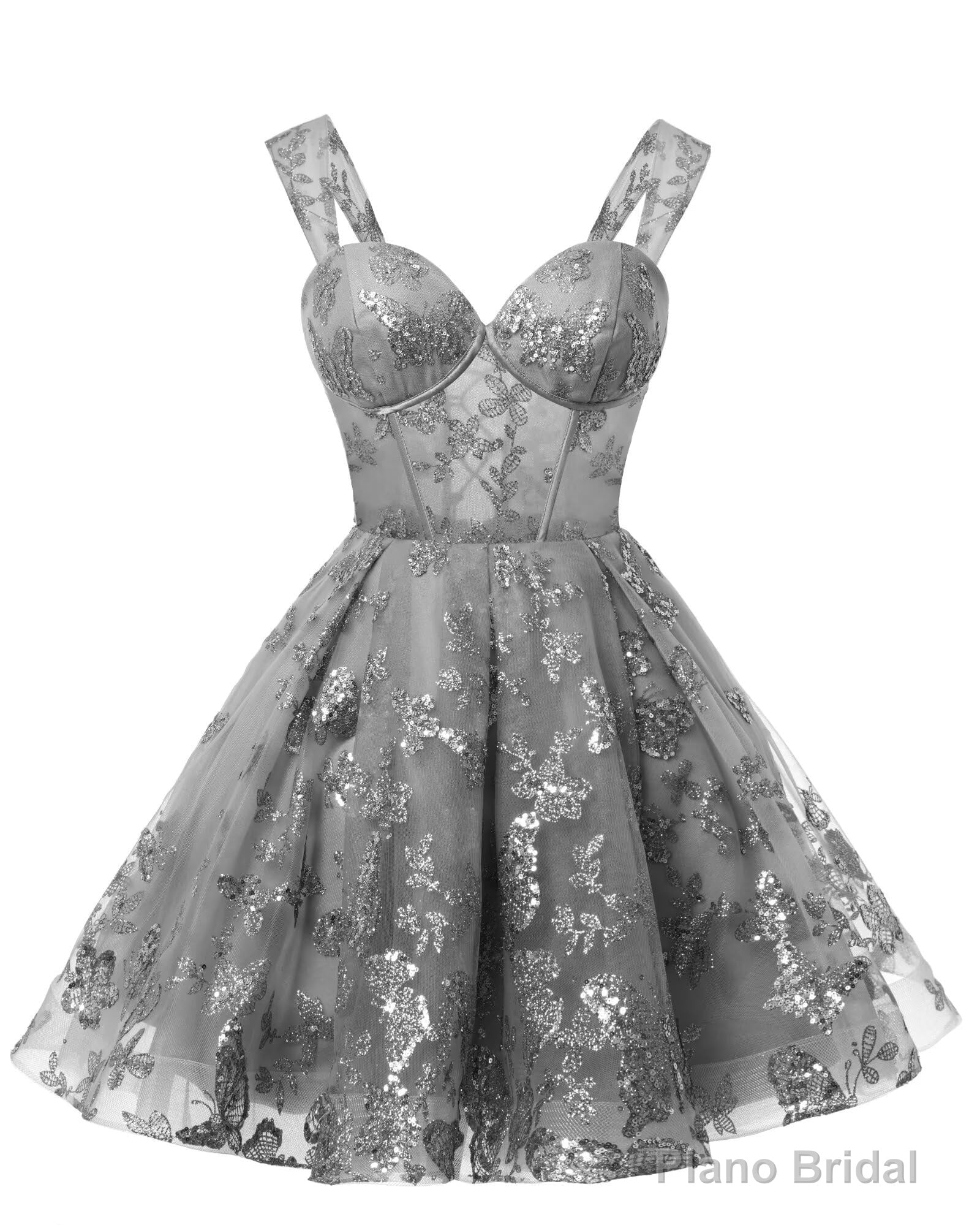 Teens Sparkly Tulle Gray Homecoming Dresses Spaghetti Straps Short Cocktail Party Prom Dress Main image