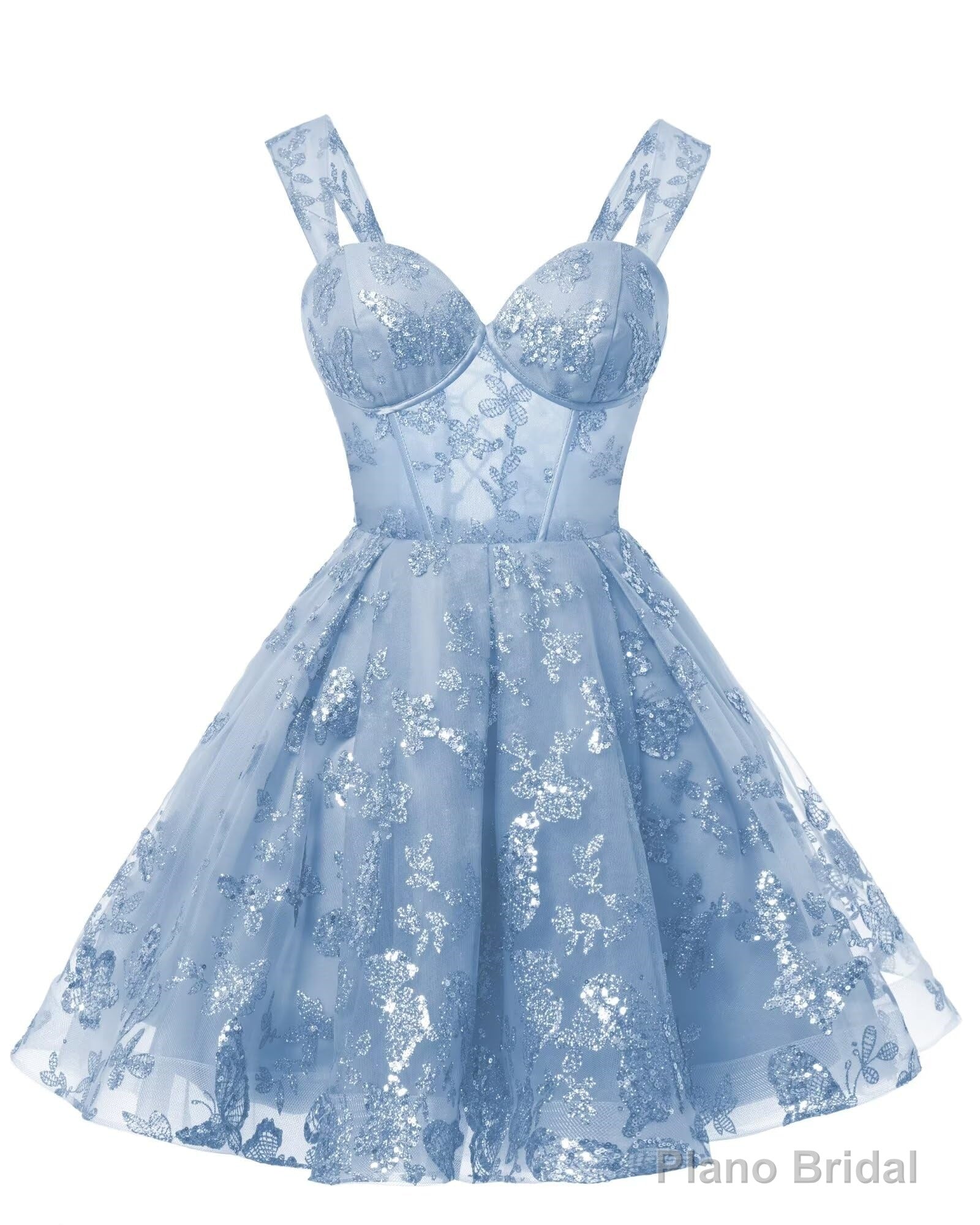 Teens Sparkly Tulle Light Blue Homecoming Dresses Spaghetti Straps Short Cocktail Party Prom Dress Main image