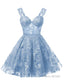 Teens Sparkly Tulle Light Blue Homecoming Dresses Spaghetti Straps Short Cocktail Party Prom Dress