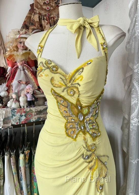 Temperament Yellow Mermaid Halter Neck Sequin Diamond Long Formal Prom Dresses Birthday Dresses Secondary image