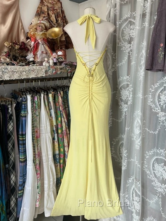 Temperament Yellow Mermaid Halter Neck Sequin Diamond Long Formal Prom Dresses Birthday Dresses