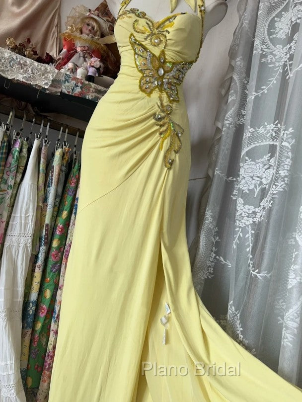 Temperament Yellow Mermaid Halter Neck Sequin Diamond Long Formal Prom Dresses Birthday Dresses