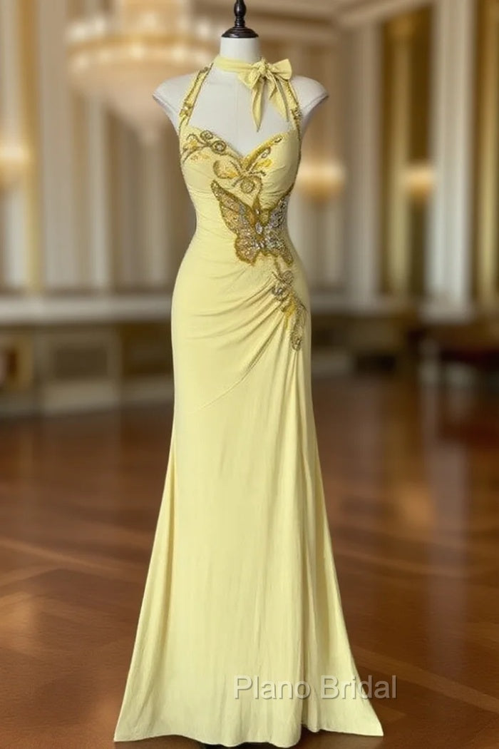 Temperament Yellow Mermaid Halter Neck Sequin Diamond Long Formal Prom Dresses Birthday Dresses Main image