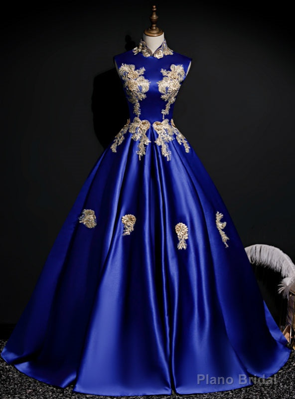 The Best Discount Blue Ball Gown Satin High Neck Appliques Backless Quinceanera Dress