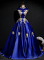 The Best Discount Blue Ball Gown Satin High Neck Appliques Backless Quinceanera Dress