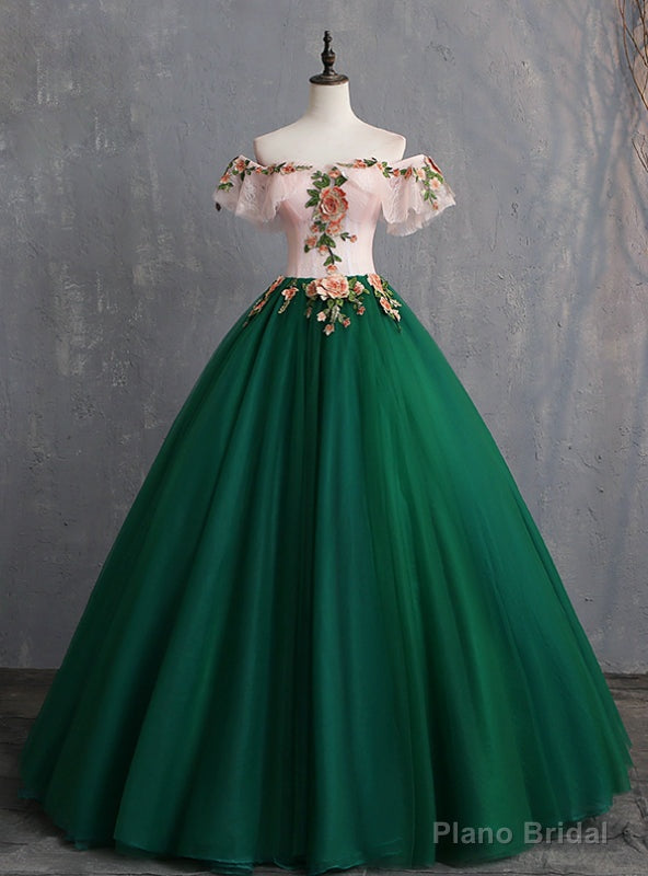 The Cheap Price Green Ball Gown Tulle Off the Shoulder Appliques Quinceanera Dress Main image