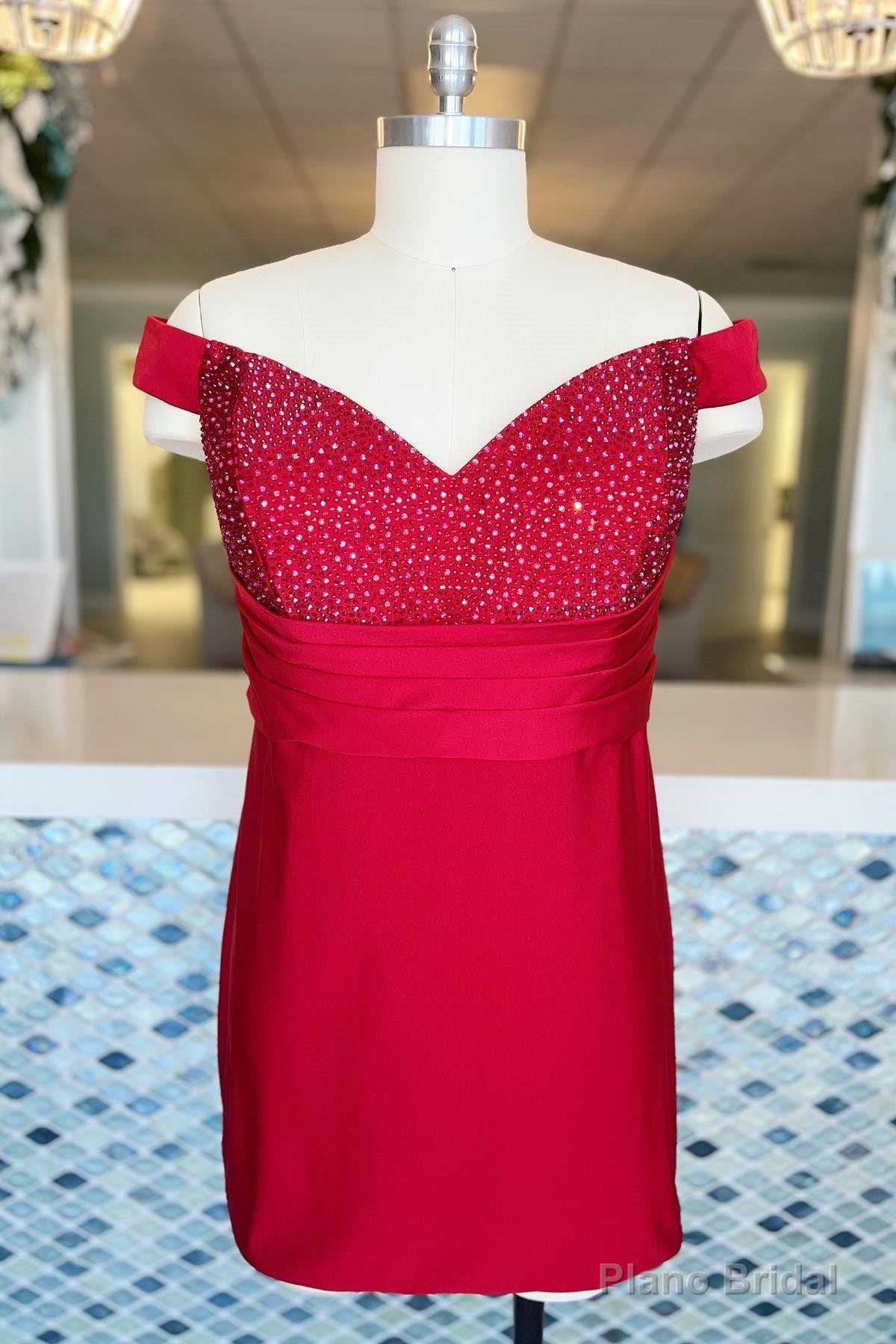 Red Beaded Off-the-Shoulder Sheath Satin Homecoming Dress Main image