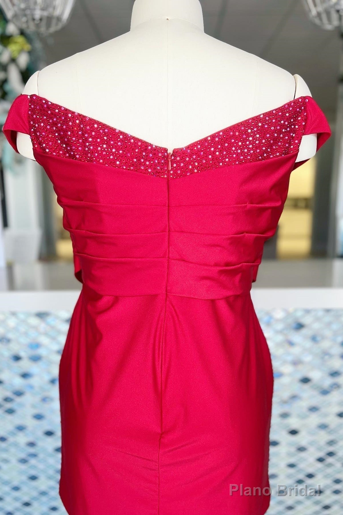 Red Beaded Off-the-Shoulder Sheath Satin Homecoming Dress Secondary image