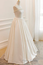 Thin Straps Open Back Ivory Satin Long Formal Prom Dresses with Pearls, Long Ivory Formal Graduation Evening Dresses