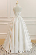 Thin Straps Open Back Ivory Satin Long Formal Prom Dresses with Pearls, Long Ivory Formal Graduation Evening Dresses