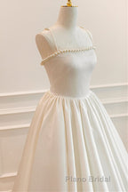 Thin Straps Open Back Ivory Satin Long Formal Prom Dresses with Pearls, Long Ivory Formal Graduation Evening Dresses