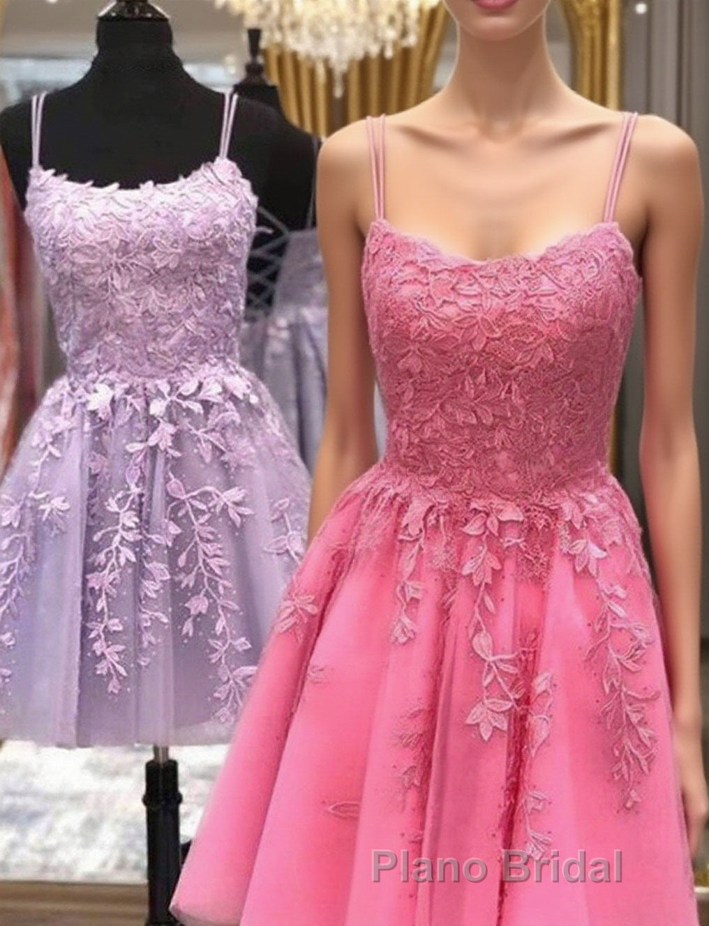 Thin Straps Short Purple Pink Lace Formal Prom Dresses, Short Purple Pink Lace Graduation Homecoming Dresses Main image