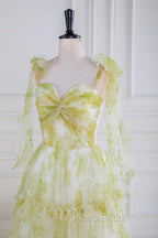 Tie Straps Yellow Floral Print Ruffles Tulle Long Formal Prom Dresses