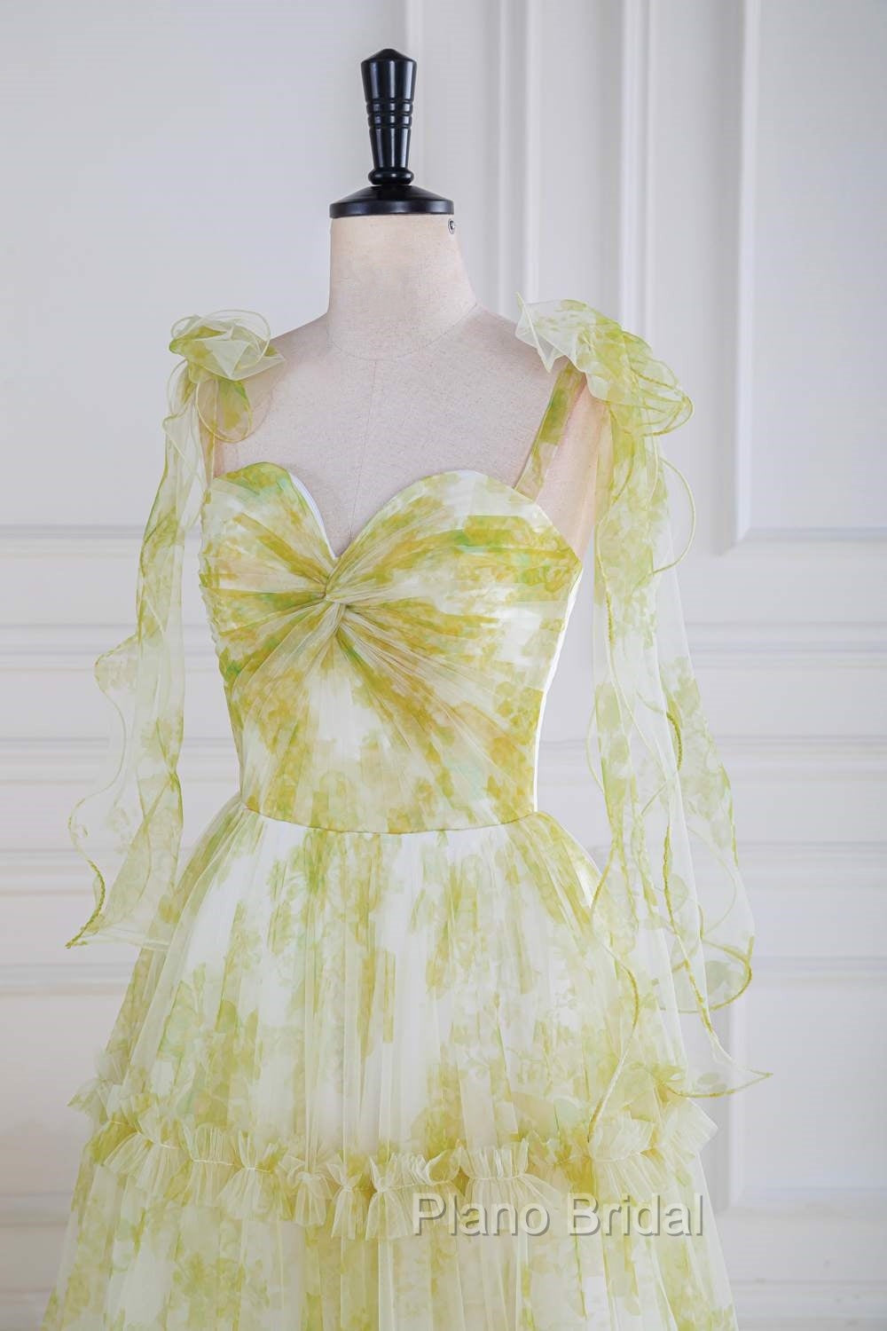 Tie Straps Yellow Floral Print Ruffles Tulle Long Formal Prom Dresses Secondary image