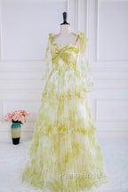 Tie Straps Yellow Floral Print Ruffles Tulle Long Formal Prom Dresses