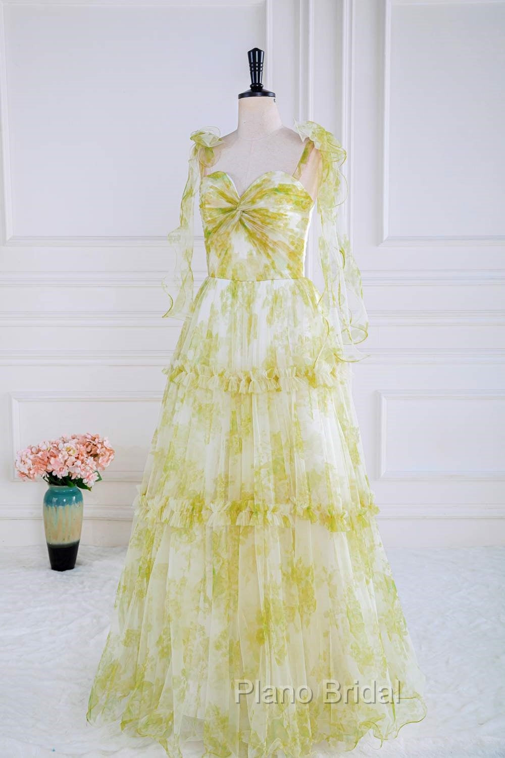 Tie Straps Yellow Floral Print Ruffles Tulle Long Formal Prom Dresses