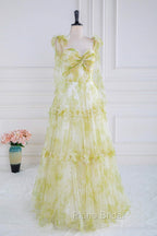 Tie Straps Yellow Floral Print Ruffles Tulle Long Formal Prom Dresses