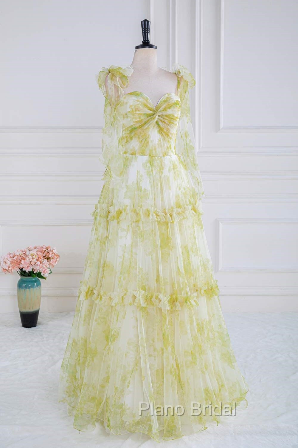 Tie Straps Yellow Floral Print Ruffles Tulle Long Formal Prom Dresses