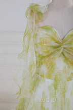 Tie Straps Yellow Floral Print Ruffles Tulle Long Formal Prom Dresses