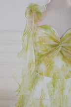 Tie Straps Yellow Floral Print Ruffles Tulle Long Formal Prom Dresses