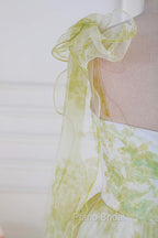 Tie Straps Yellow Floral Print Ruffles Tulle Long Formal Prom Dresses