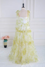Tie Straps Yellow Floral Print Ruffles Tulle Long Formal Prom Dresses
