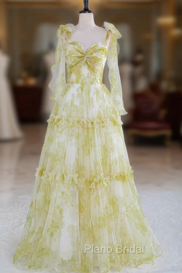 Tie Straps Yellow Floral Print Ruffles Tulle Long Formal Prom Dresses