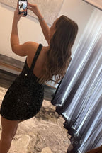 Tight Black Sequins One Shoulder Homecoming Dress
