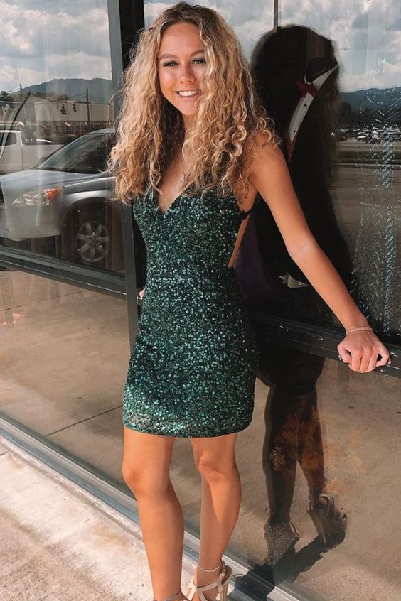 Tight Dark Green Sequins Mini Homecoming Dresses Party Dresses