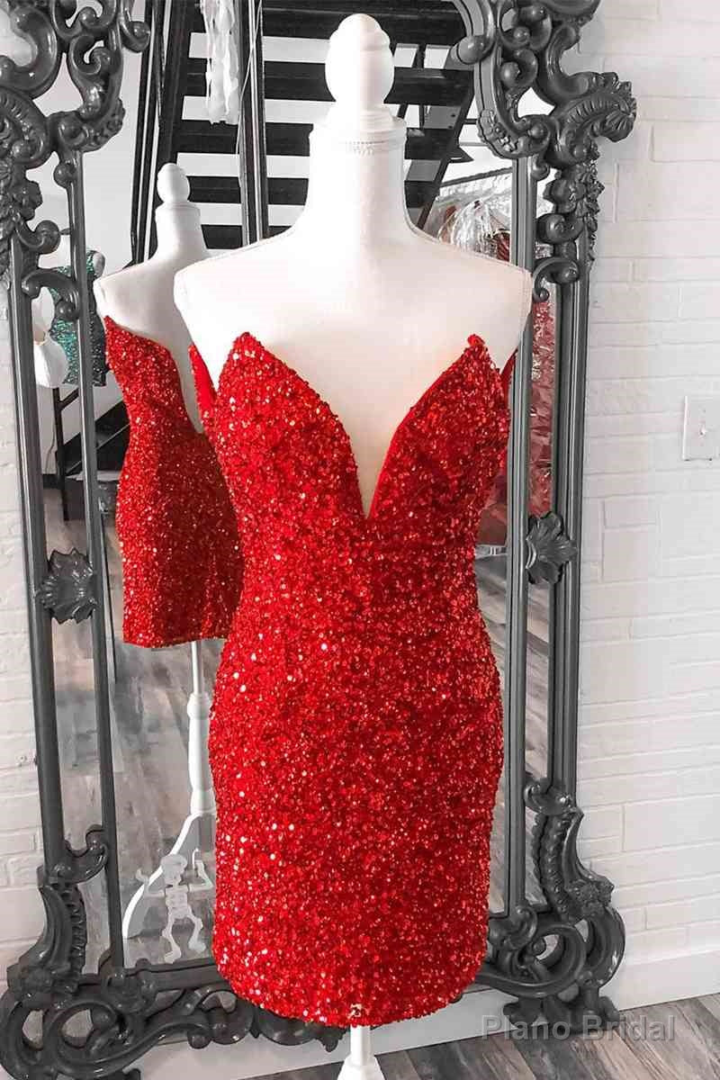 Tight V Neck Red Sequins Short Party Dress,Sparkly Bodycon Dresses Main image